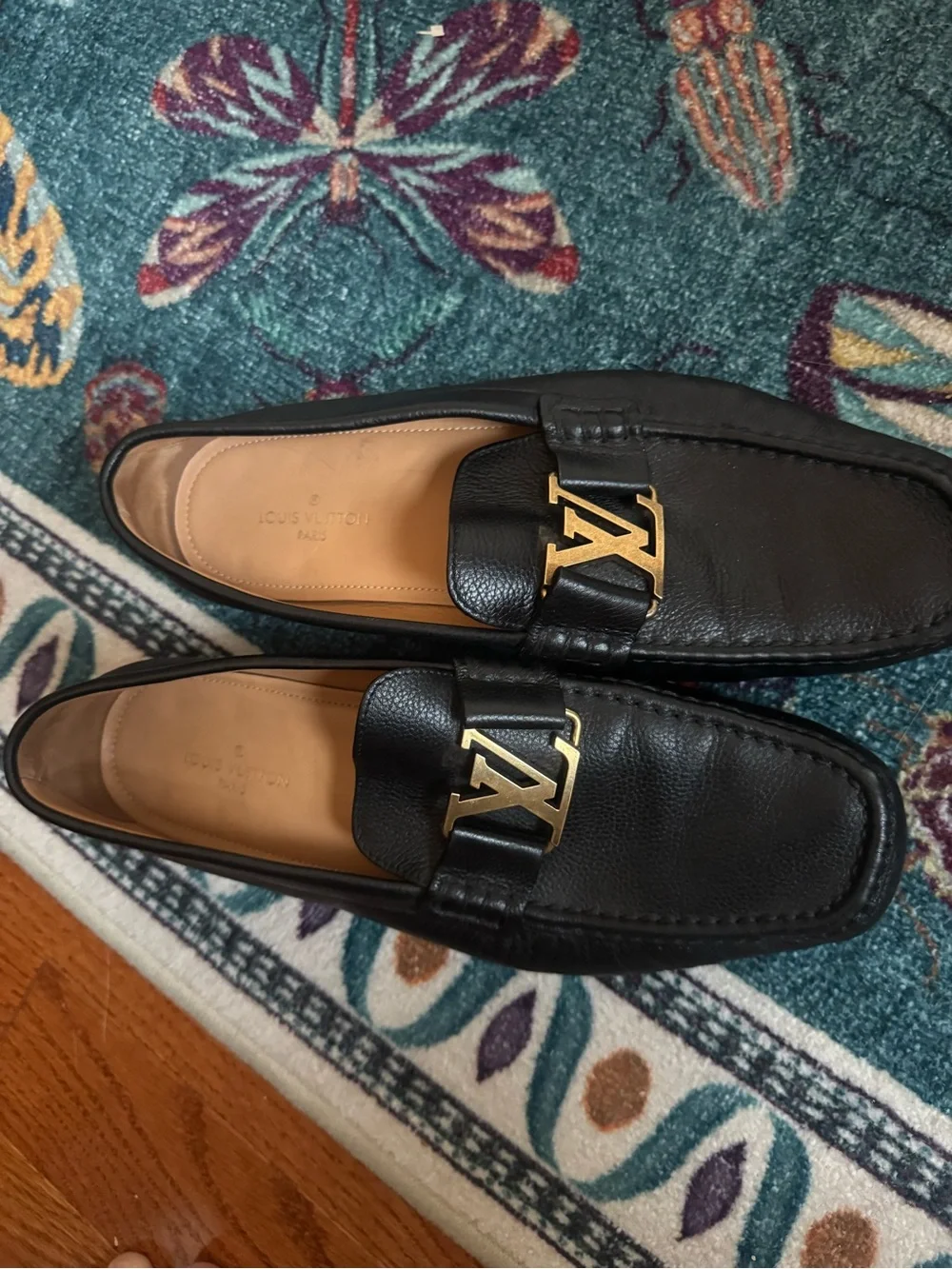 Louis Vuitton Black Leather Men’s Driving Loafers with Gold LV Buckle
